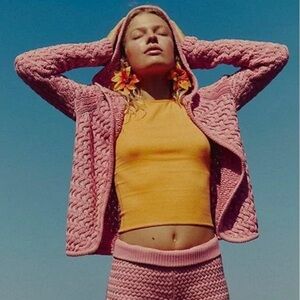 Free-est Free People Laguna Single Button Hooded Knit CARDIGAN ONLY pink Small